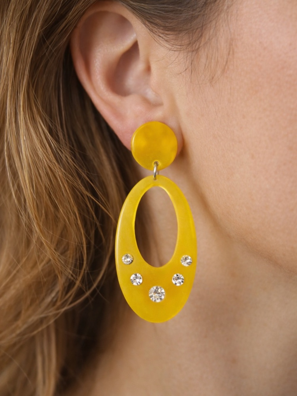 Vintage Yellow Lucite Rhinestone Clip On Earrings